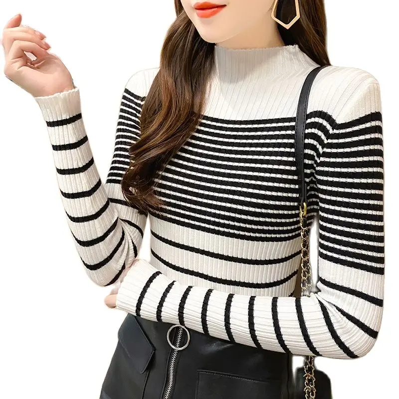 

TuangBiang Mock Neck Black White Stripes Knitted Tops Women Slim Cotton Sweater 2021 Autumn Winter Basic Elastic Ribbed Pullover