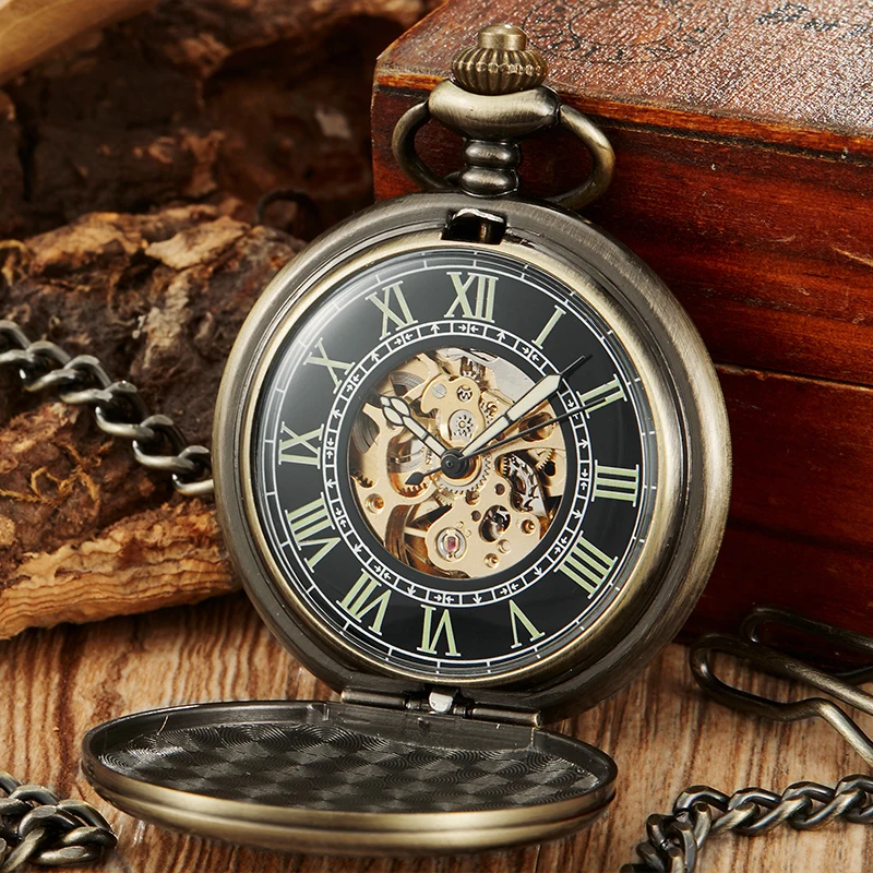 Luxury Gold Dial Black Mechanical Pocket Watch Skeleton Pendant Fob Chain Reloj for Men Antique Bronze Steampunk Montre de poche