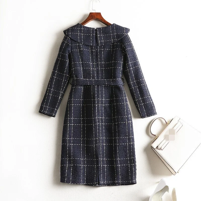 

New Spring Long Sleeve Peter Pan Collar Womens Plaid Dresses Double Breasted High Waist Knee Length Slim Oversize Ladies Dresses