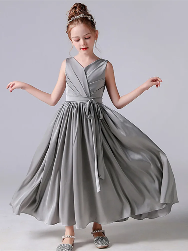 Dideyttawl Geplooide Jurk Voor Party Wedding 2023 Grijs V-hals Enkellange Mouwloos Elegante A-lijn Junior Concert Gown