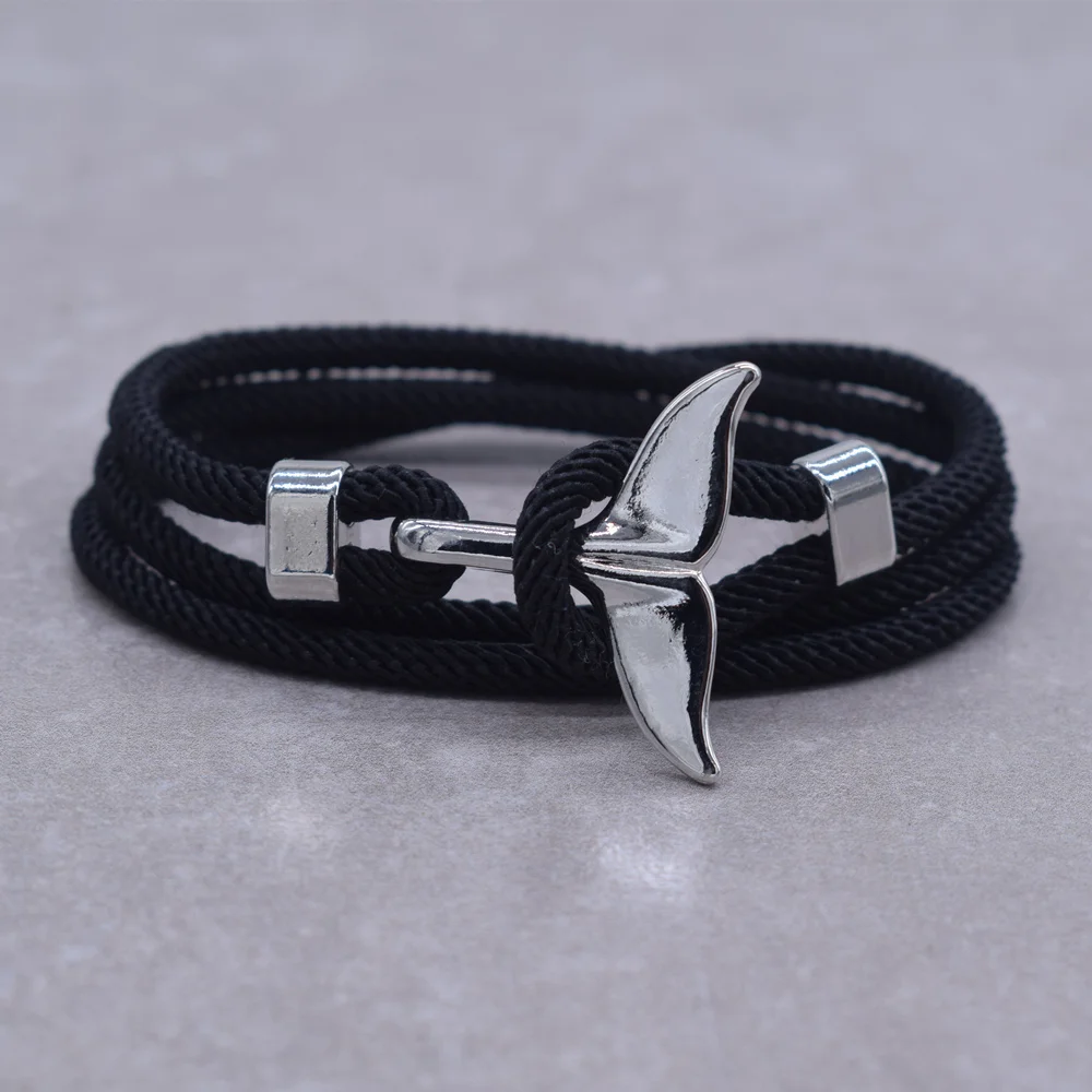 Anchor Style Jewelry Ocean Silver Color Whale Tail Charm Bracelet 2-3 Laps Adjustable Rope Bracelets for Men Women Gifts
