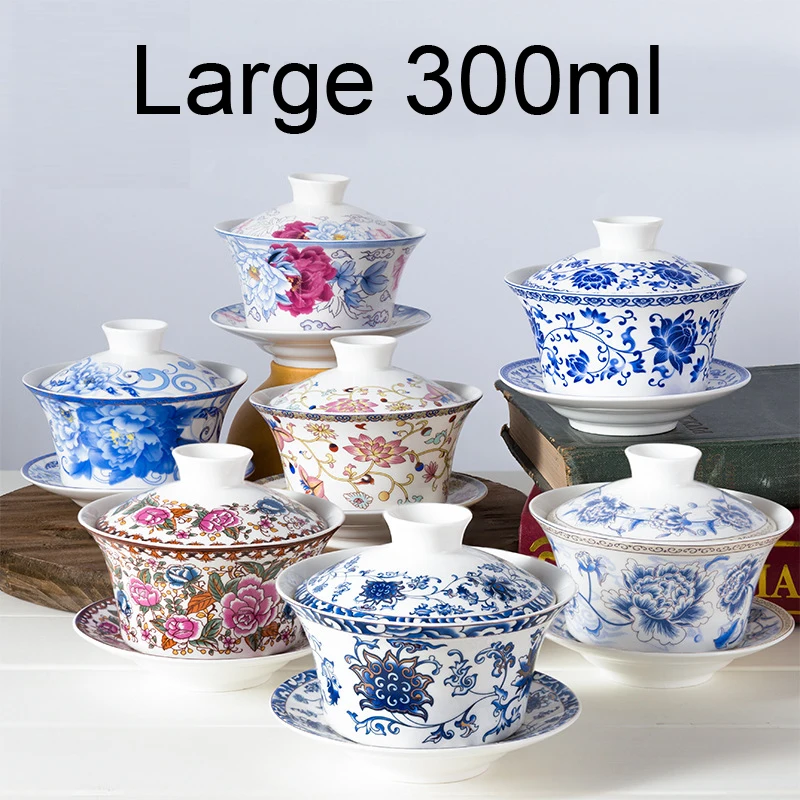 Large 300ML Bone China Gaiwan Ceramic Teapot Cup With Saucer Hand-painted Tea Bowl Tureens Chinese Kung Fu Tea Ceremony Set