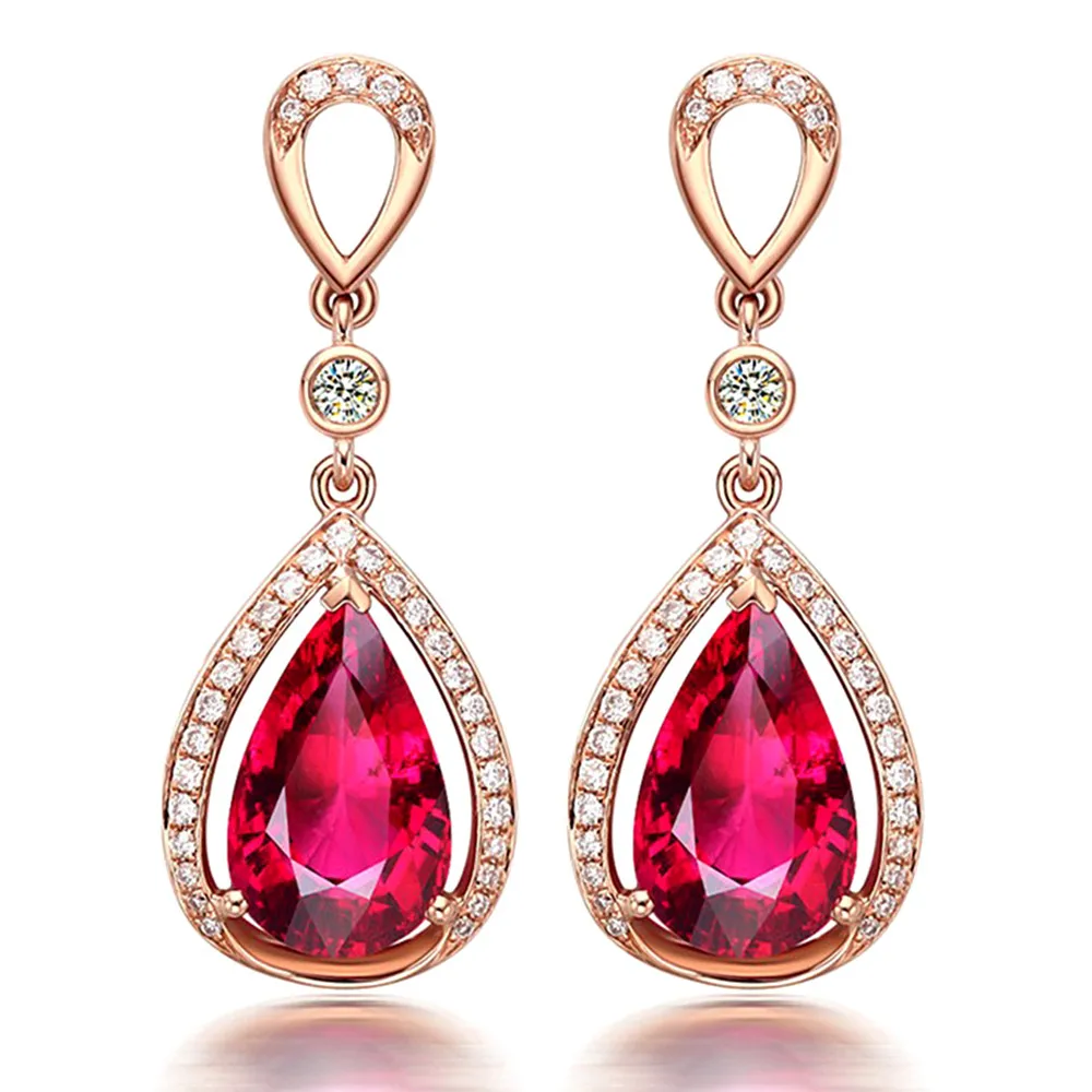 18K Rose Goud Kleur Ruby Edelstenen Zirkoon Diamond Dangle Drop Oorbellen Voor Vrouwen Luxe Sieraden Party Bijoux Crystal Pendientes