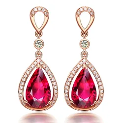 18K Rose Goud Kleur Ruby Edelstenen Zirkoon Diamond Dangle Drop Oorbellen Voor Vrouwen Luxe Sieraden Party Bijoux Crystal Pendientes