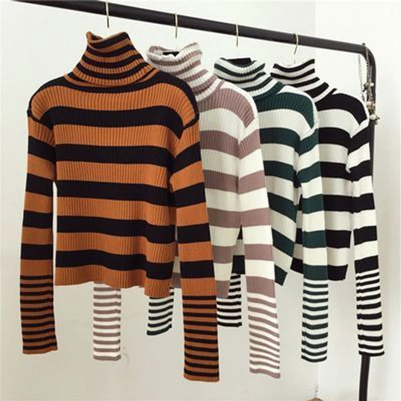 Turtleneck Women Striped Sweater 2021 Autumn Winter Korean Fashion Slim Pullover Basic Top Casual Soft Knit Sweaters Long Sleeve