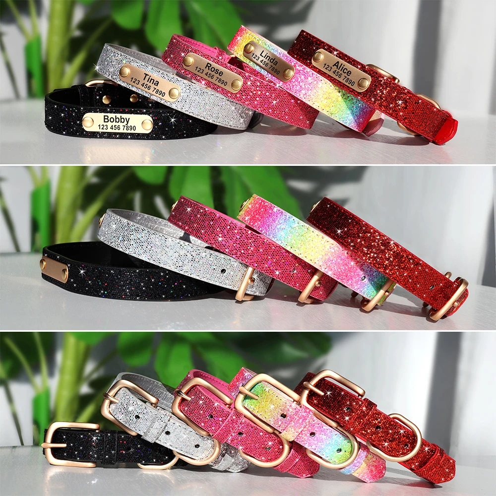 Anti-lost Dog ID Collar Personalized Dogs Cat Name Collars Bling Sequins Necklace With Engraved Tag For Small Medium Dogs Cats