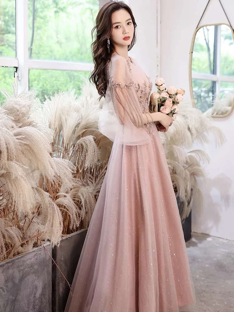 2024 Pink Bridesmaid Dresses V-Neck Illusion A-Line Sexy Backless Appliques Beading Tulle Evening Prom Gowns With Flare Sleeves