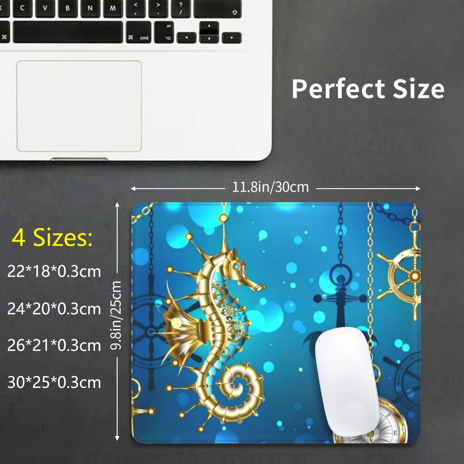 Submerged Mechanical Seahorse Mouse Pad DIY Print Seahorse Anchor Fish Clockwork Mechanism Compass