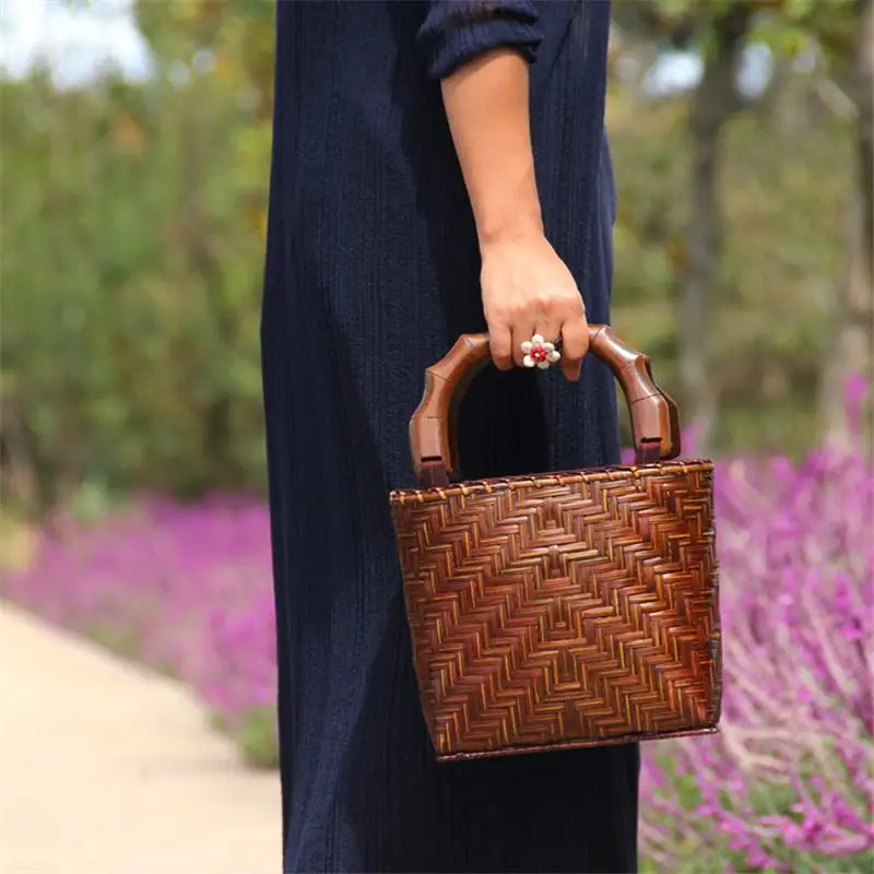 21x18CM New Retro Handmade Bamboo Woven Bag Mini Bamboo Bag Tea Ceremony Storage Knitting Handbag New a6108