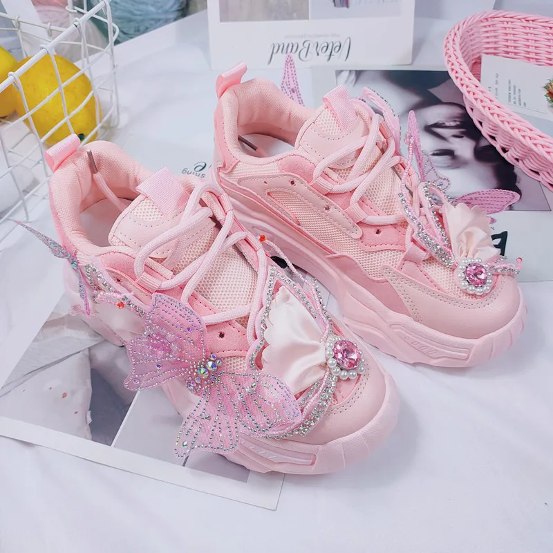 Cute Pink Rhinestones Chunky Sneakers Women Platform Sneaker Casual Thick Bottom Shoes Woman Dad Vulcanized Shoes Basket Femme