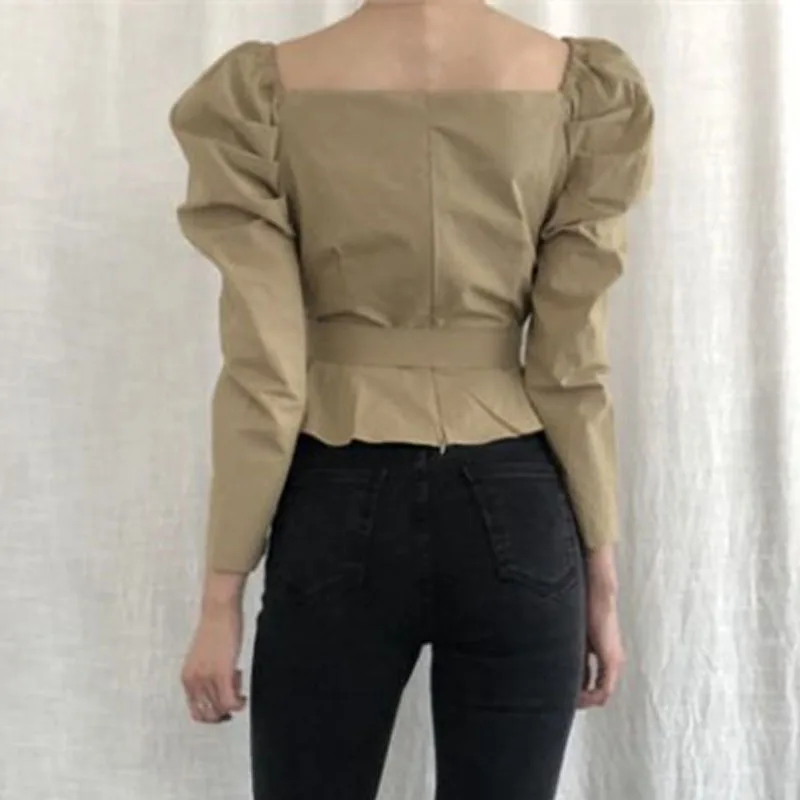 Mode Slanke Taille Bandage Vrouwen Shirt Sexy Off-Schouder Bladerdeeg Lange Mouw Blouse Vrouwen Geplooide Kruis Korte Top blusas 16797