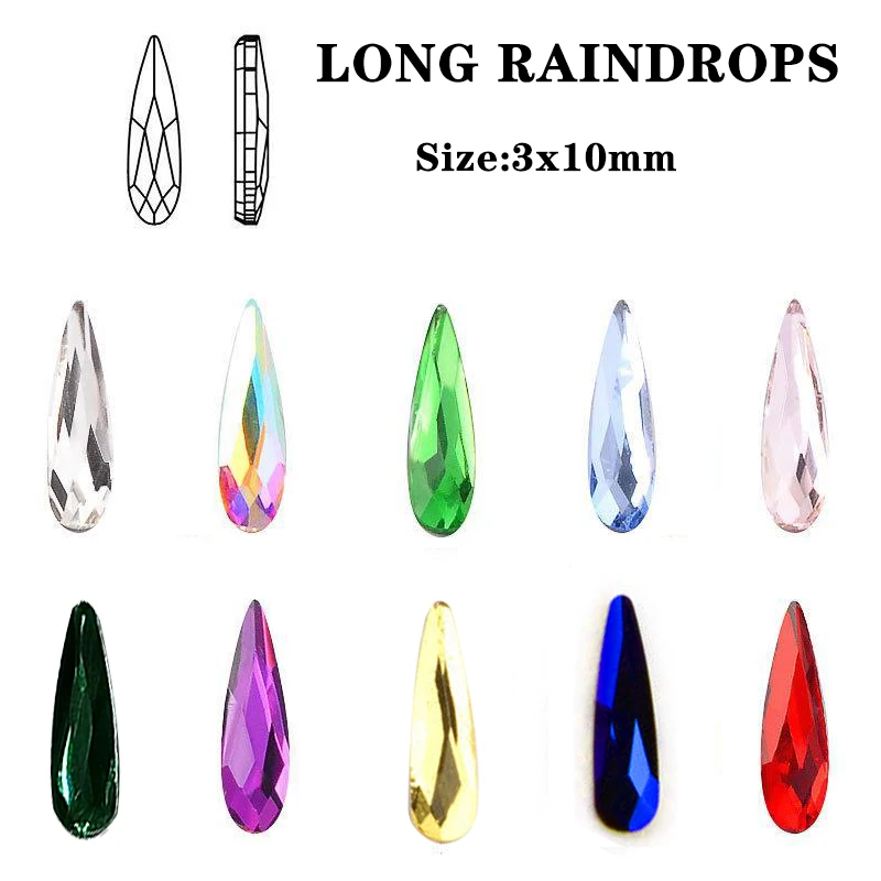 3x10mm Long Drop Nail Art Rhinestone Accessories Flat  Glass Strass For DIY 3D Fingernail Decoration Supplies 30/100Pcs