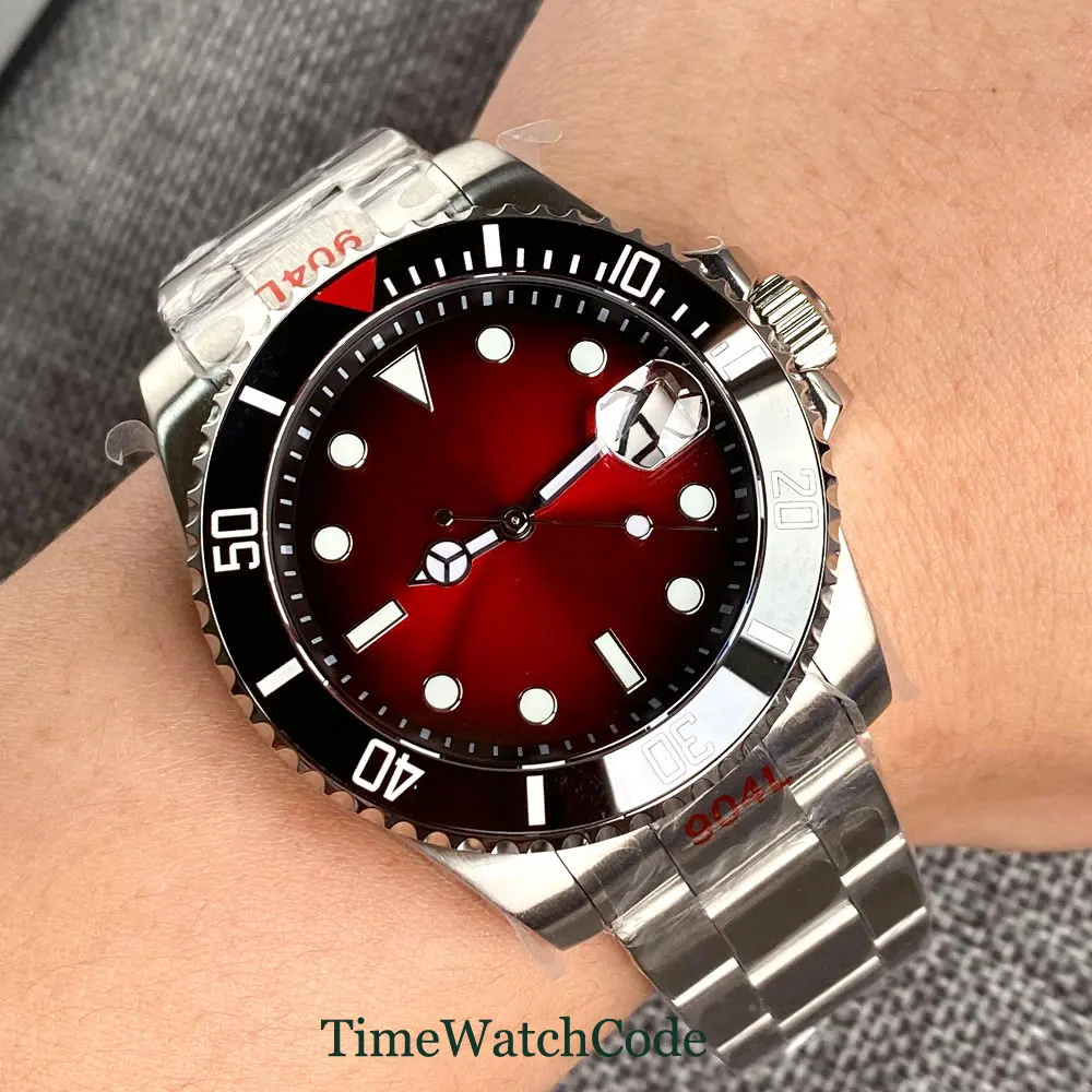 40mm NH35A Diver Mechanical Automatic Mens Watch 20ATM Waterproof Sapphire Glass Date Cyclops Red Dial 316L Bracelet Tandorio