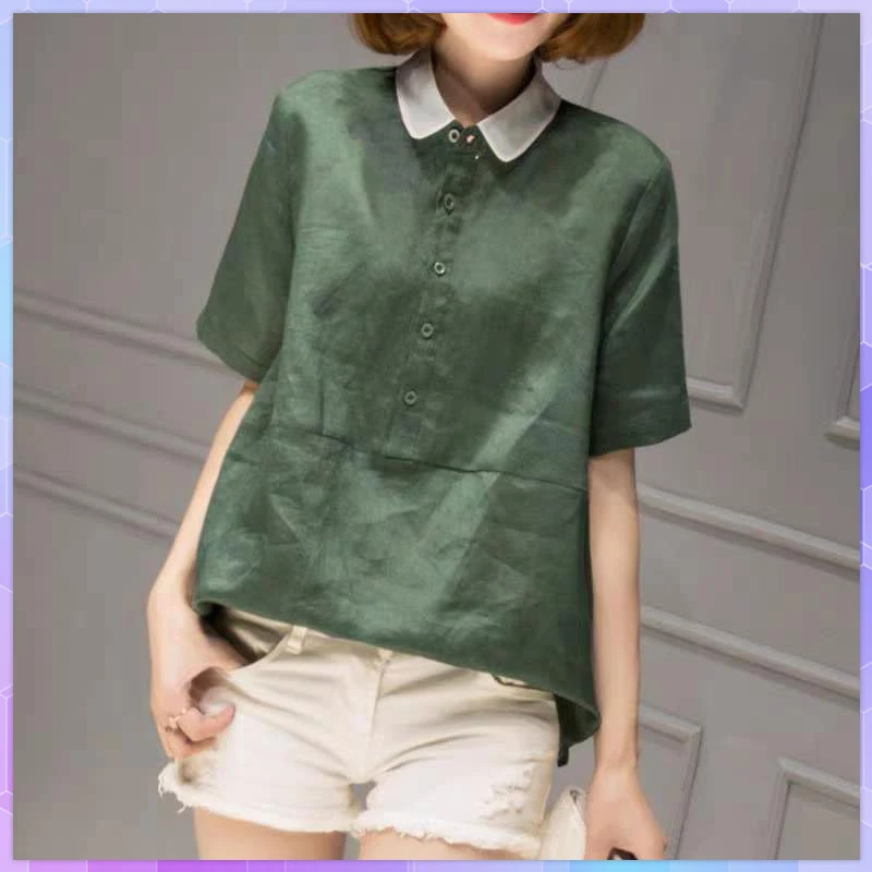 Casual Cotton And Linen Tee Shirts Short-sleeved Women's  Blusas Tops Summer Doll Collar T-shirt Large Size Solid Loose Tshirt