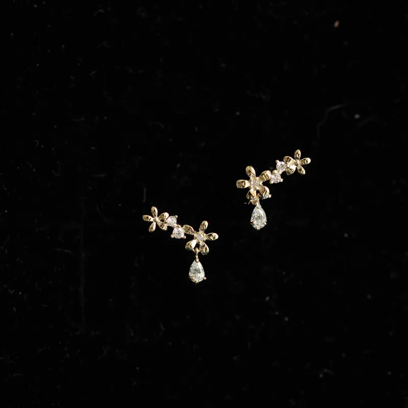 925 sSterling Silver Korean Version Creative Golden Flower Crystal Drop Earrings Women Fashion 14k Gold Plated Jewelry Gift