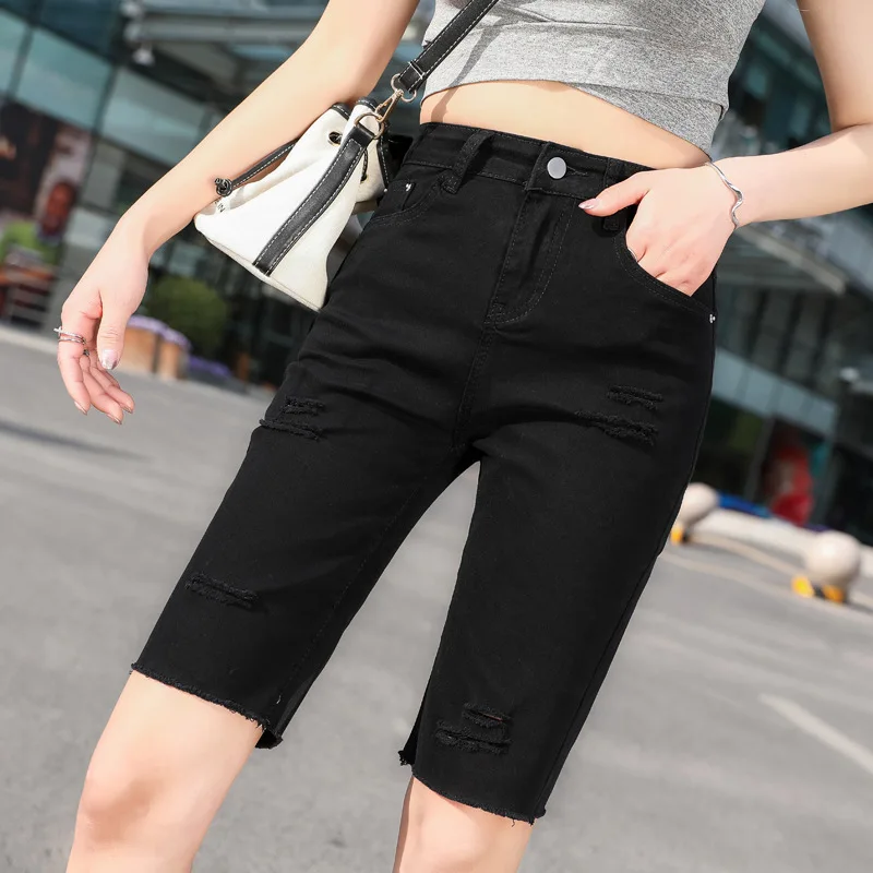 2021 summer women's new broken hole casual denim shorts