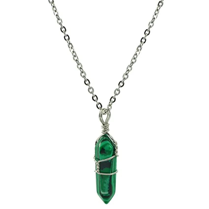 Silver Plated Wire Wrap Hexagon Prism Malachite Stone Pendant Link Chain Necklace Black Agates Jewelry