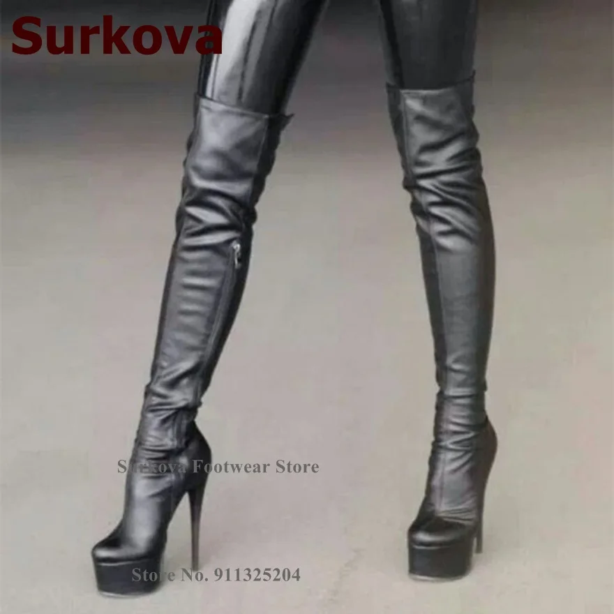 

Surkova Designer Black Thin High Heel Over The Knee Boots Platform Zipped Thigh High Boots Slim Fit Fall Winter Dress Shoes