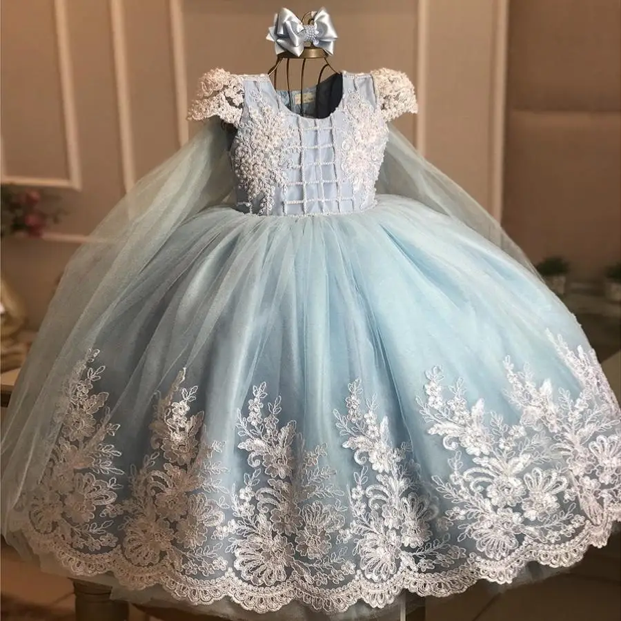 

NEW Baby Girl Dress Applique Lace with Satin Bow Little Princess Wedding Party Gown Kid Flower Girl Dress