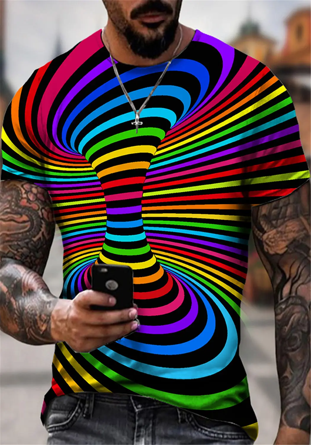 Newest Fashion Men/women Rainbow 3D Printing T Shirt Vertigo Hypnotic Vortex Funny Short Sleeved Tee