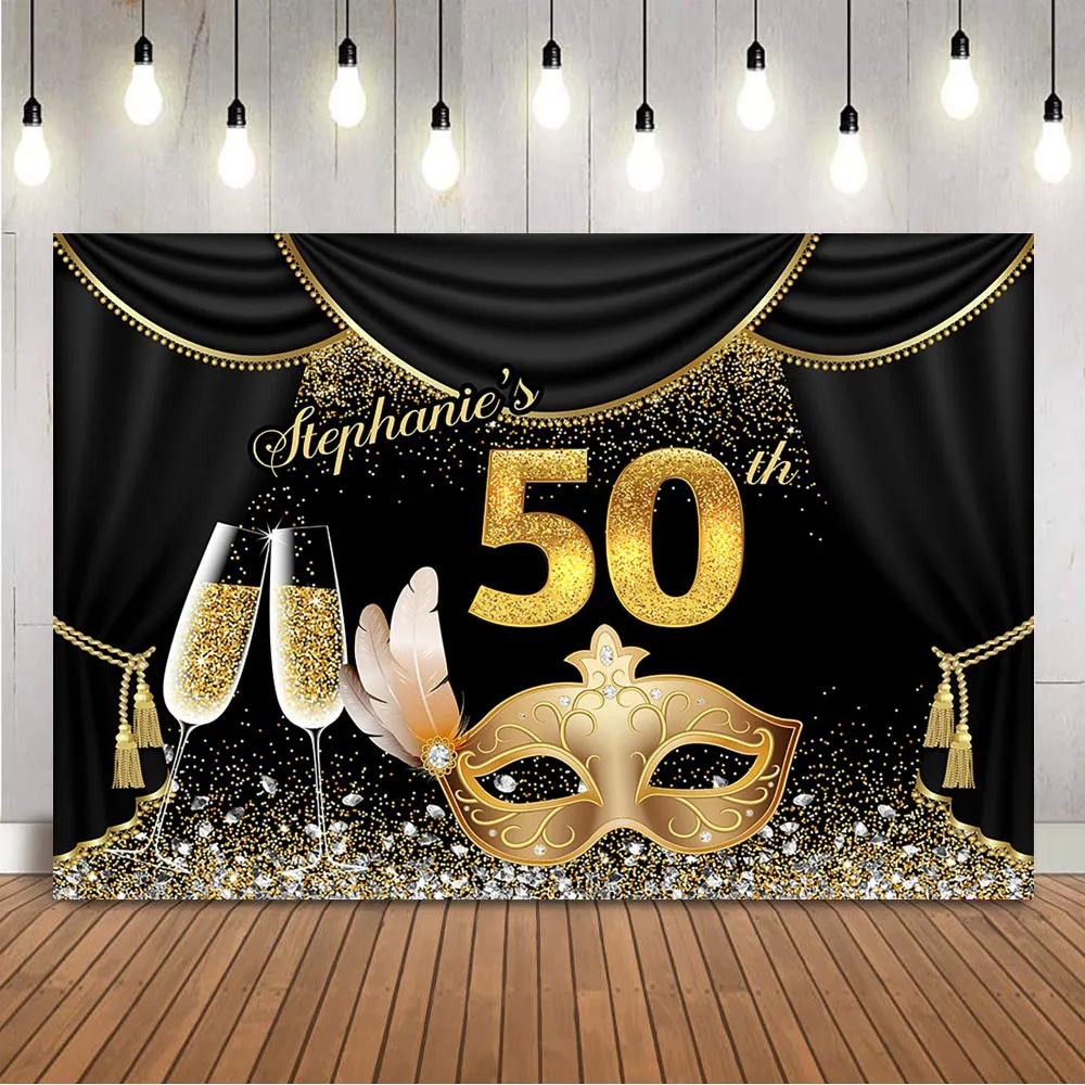 

Masquerade Dress up Party Backdrop Black and Gold Curtain Photo Booth Background Studio Masks Champagne Diamond Photocall Decor