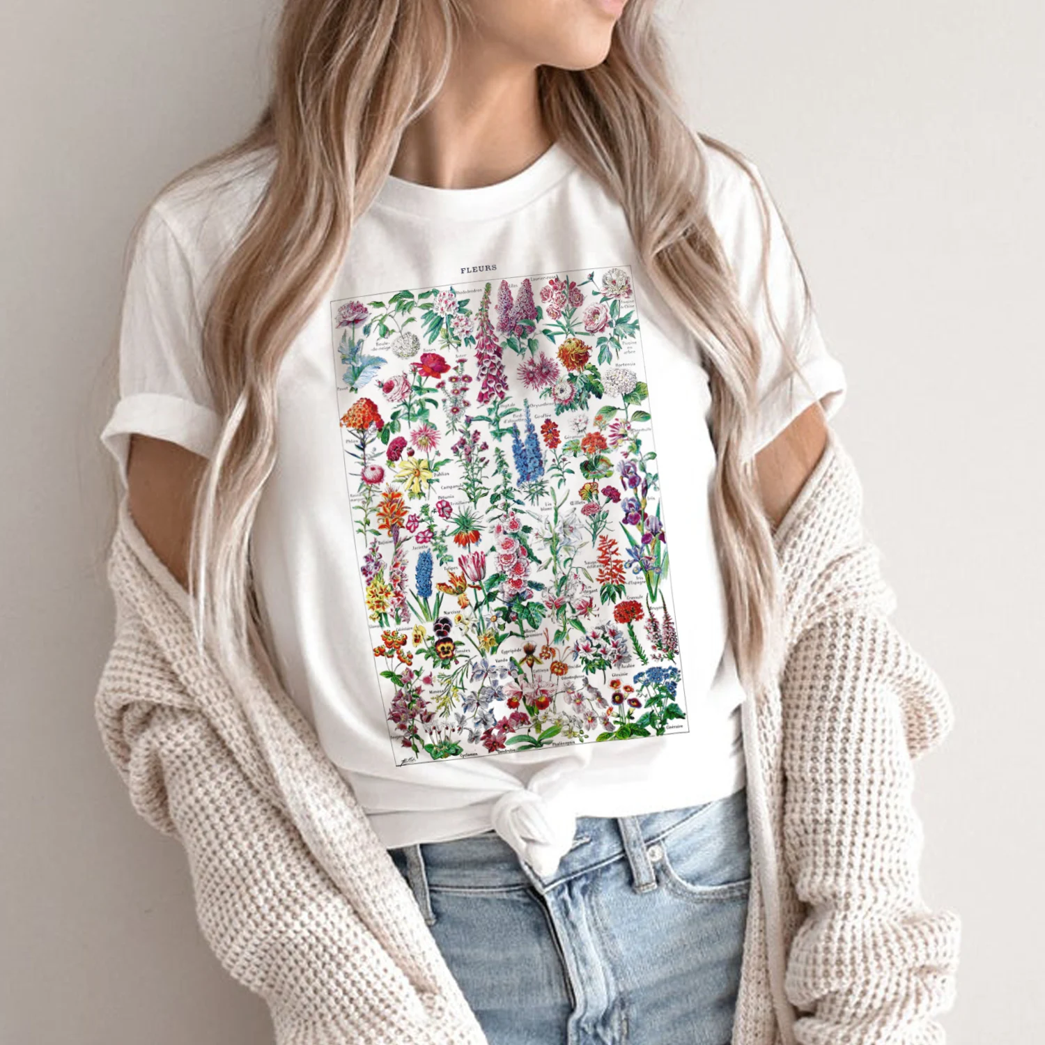 Vintage Flower Illustration T-Shirt Boho Style Casual Floral Print Top Cute Aesthetic Graphic Woman Tshirts Cottagecore Clothes