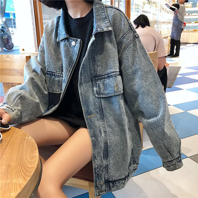 Mùa Thu Người Phụ Nữ Áo Khoác Denim Nữ Vintage Cổ Gập Dài Tay Áo Khoác Jeans Dạo Phố Áo Khoác Và Áo Khoác Nữ