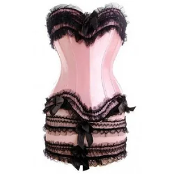Sexy Corset Dress Satin Lace Bow Overbust Corset With Mini Skirt Clubwear Showgirl Body Shaper Bustier Set