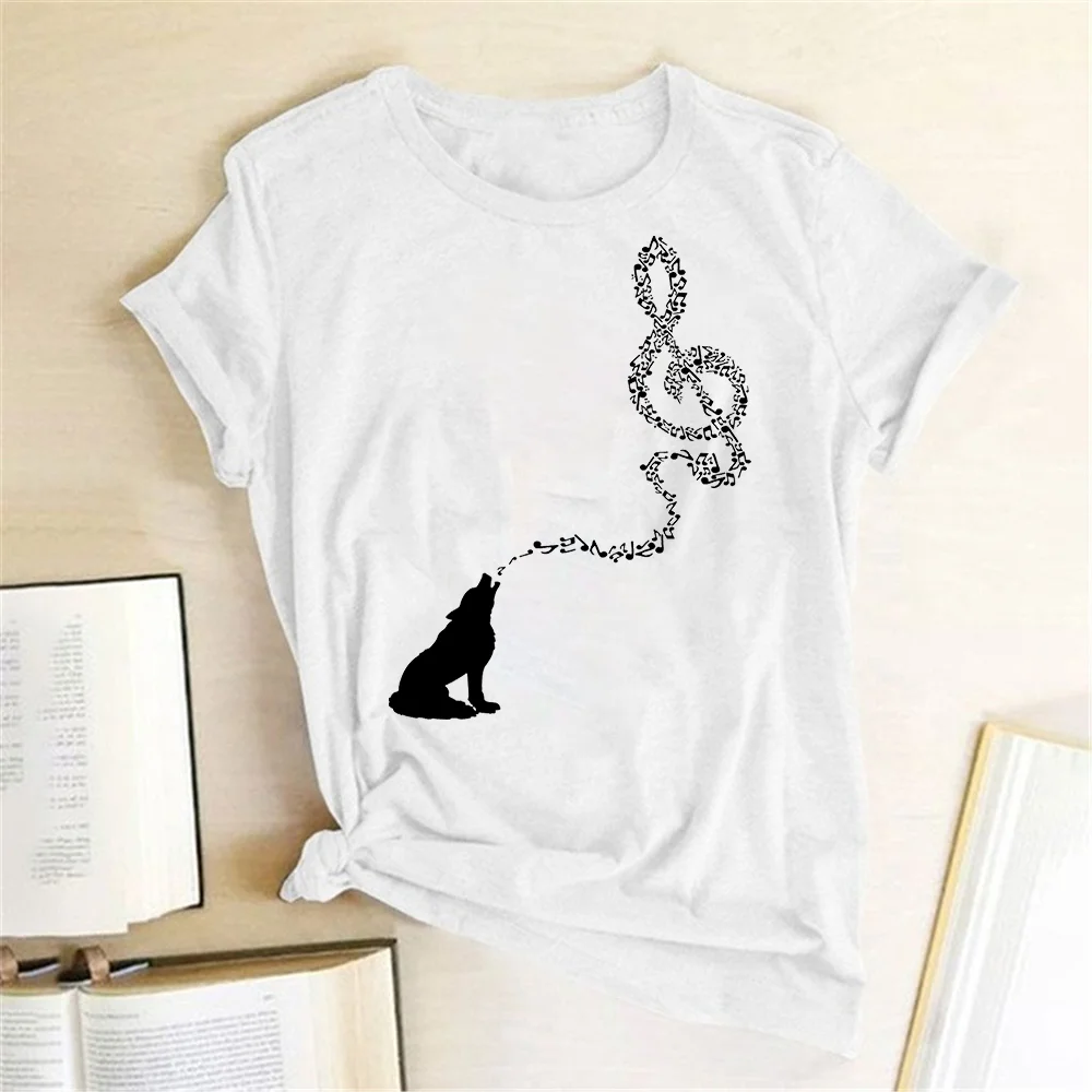 Fashion Music Festival T-shirts Funny Music T Shirt Women Wolf Note Printed Graphic Tee Short Sleeve Crewneck Loose T Shirt