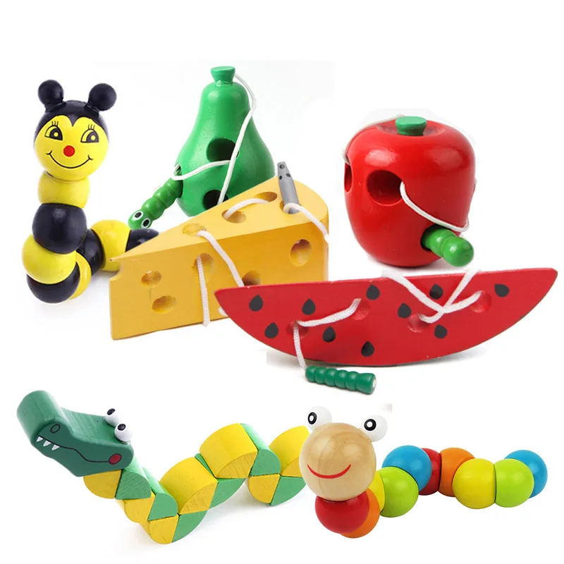 

Baby Wooden Toys Worm Eat Fruit Cheese Wood Toys Baby Kids Educational Toys Rope-piercing Montessori Toys Gifts M0040