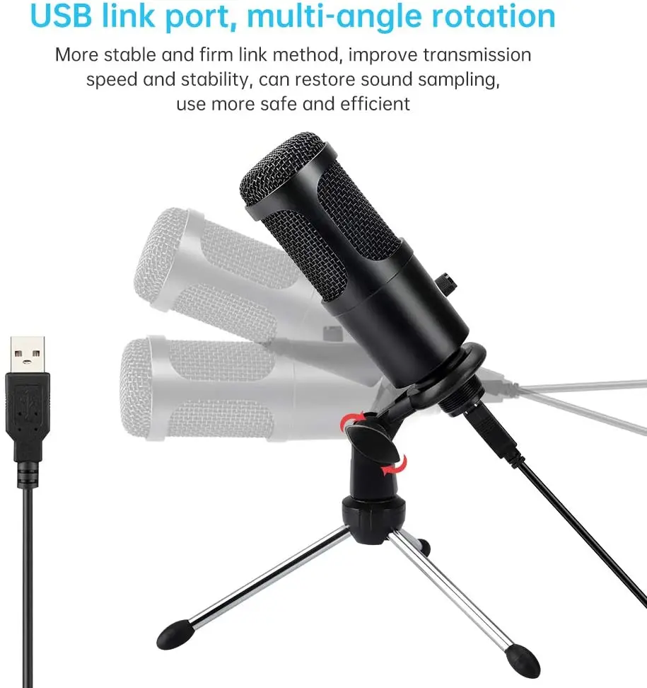 Microfono USB, microfono USB a condensatore con supporto per treppiede per giochi, podcast, chat Skype, YouTube, uscita vocale, streaming,