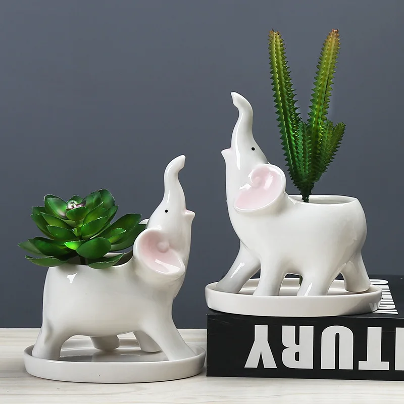 Creative Cartoon Ceramics Elephant Flower Pot Home Living Room Desktop Succulent Plants Bonsai Pots Crafts Garden Balcony Decor