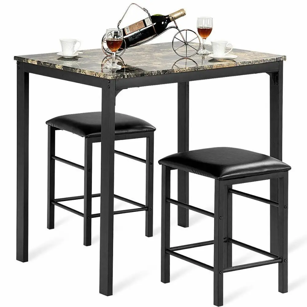 3 PCS Counter Height Dining Set Faux Marble Table 2 Chairs Kitchen Bar Furniture