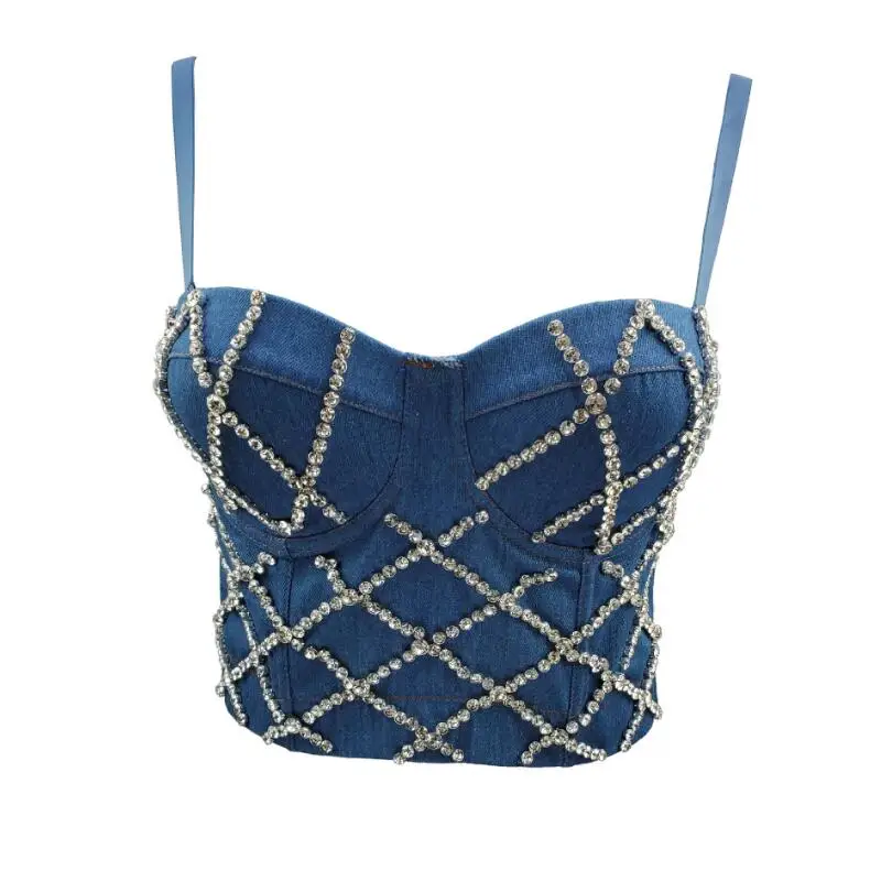 

Fashion Rhinestone Diamond Denim Crop Tops Bra Women Sexy Glitter Top Strass Femme Corset Party Club Festival 2021 p2460