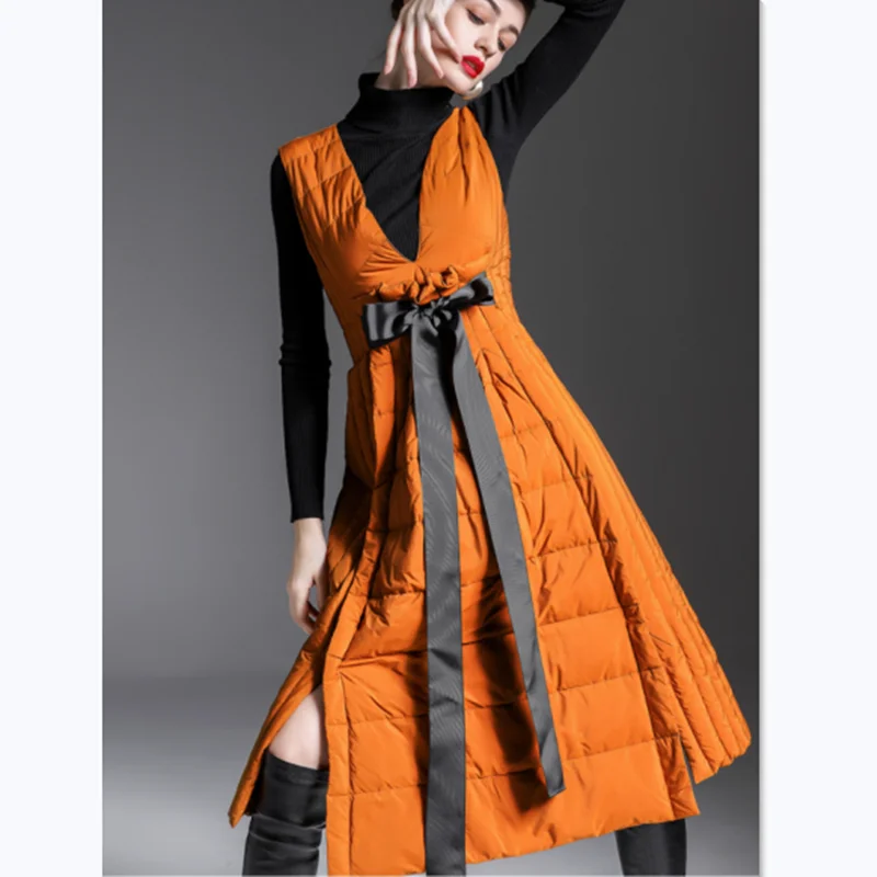 Autumn And Winter Duck Down Long Skirt Thin And Warm Waist Waist And Big Swing Sleeveless Pullover Down Jacket Women Long Dress