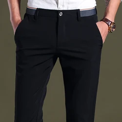 Pantalones de vestir elásticos para hombres, pantalones de negocios de primera calidad, sin hierro, Ajuste Recto, pantalones de traje de frente plano, pantalones de vestir formales de moda