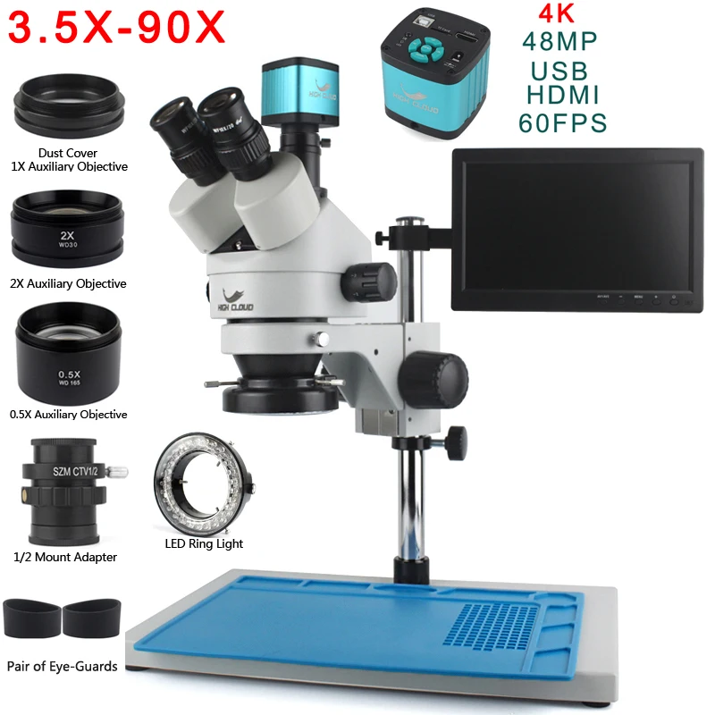 48MP 4K HDMI-Compatible USB Microscope Camera 3.5X-90X Simul-Focal Trinocular Stereo Microscope Soldering PCB Jewelry Repair Kit