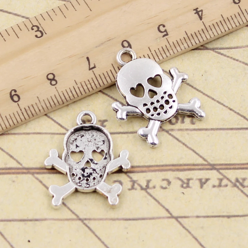 10pcs Charms Skull Skeleton Bone Dangerous Sign 25x21mm Tibetan Bronze Silver Color Pendants Antique Making DIY Handmade Craft