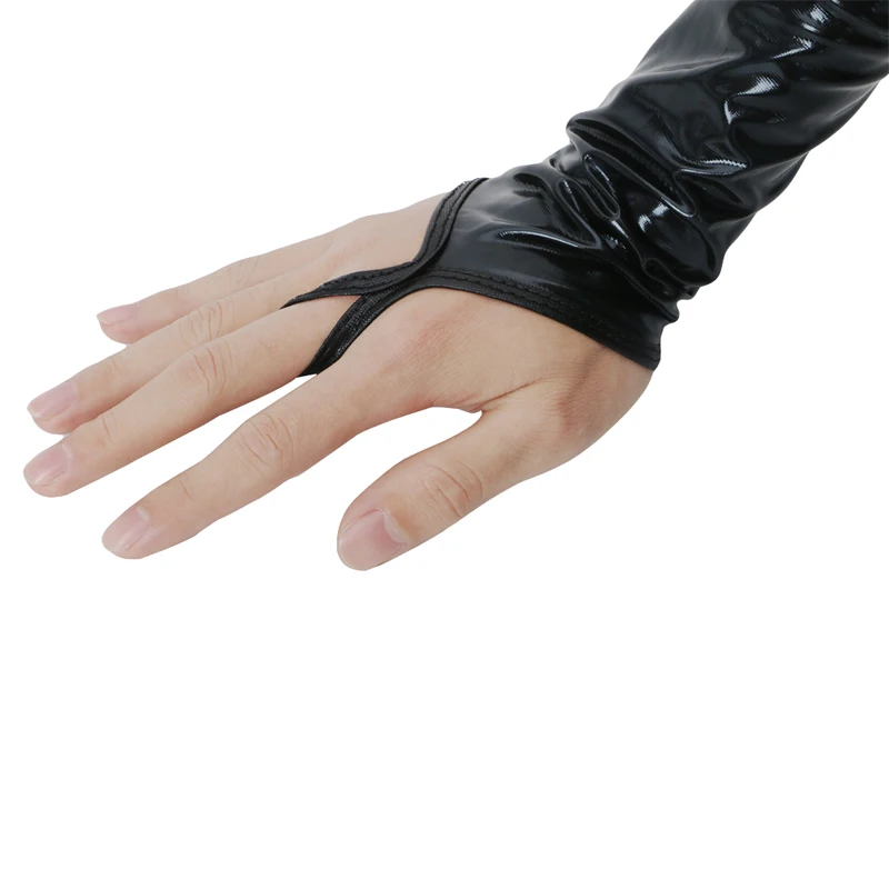 New Sexy Long Black Metallic Feel Gloves Synthetic Leather Arm Sleeves Costume New