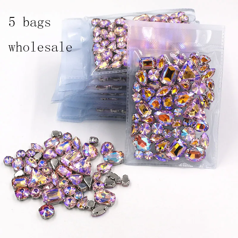 Best seller Wholesale 5 bags mixed shape sew on glass Pink AB silver base rhinestones diy dress/Clothing accessories