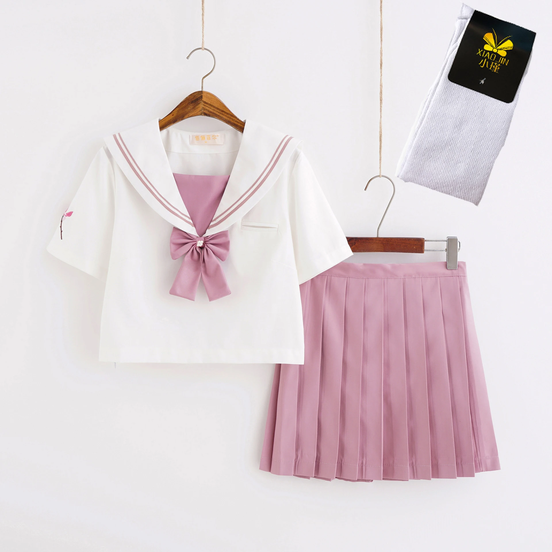 Japonês JK uniforme Rosa Magnólia bordado Marinheiro terno Estudante Escola Universitária uniforme de manga comprida terno Mulheres Saia Plissada