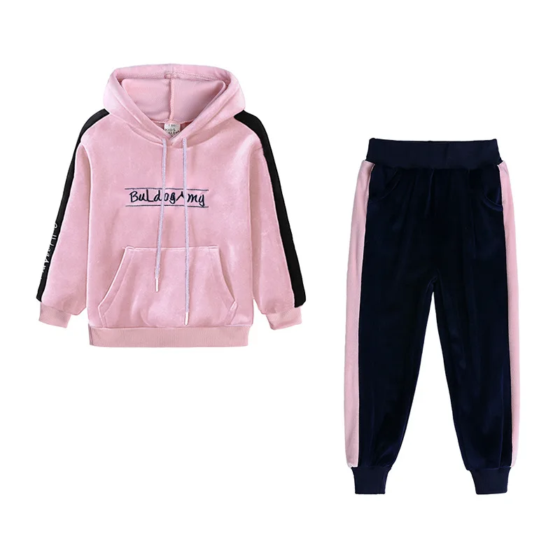 Hooyi Children Clothing Set Girls Velvet Hooded Sports Suits Girls Long Sleeves Tracksuit Sweatshirt Sweatpants Hoodies Outwear