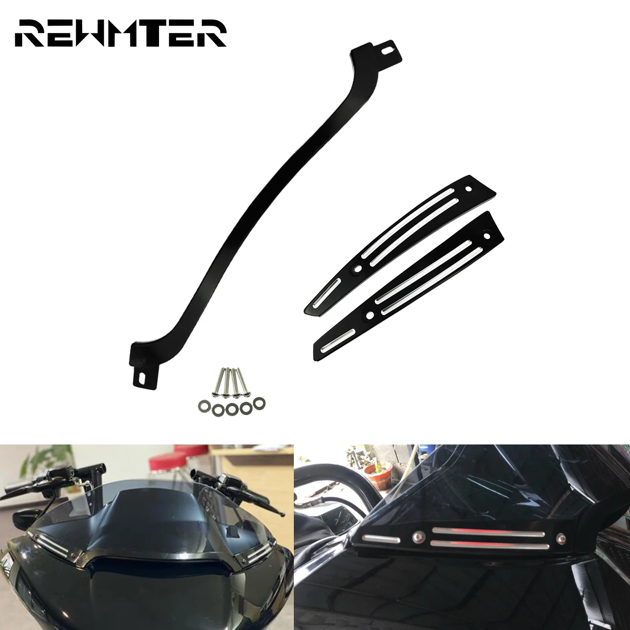 Motorcycle Black Windshield Windscreen Center W/ Side Trim Aluminum For Harley Touring Road Glide Special FLTRX CVO 2015-2017