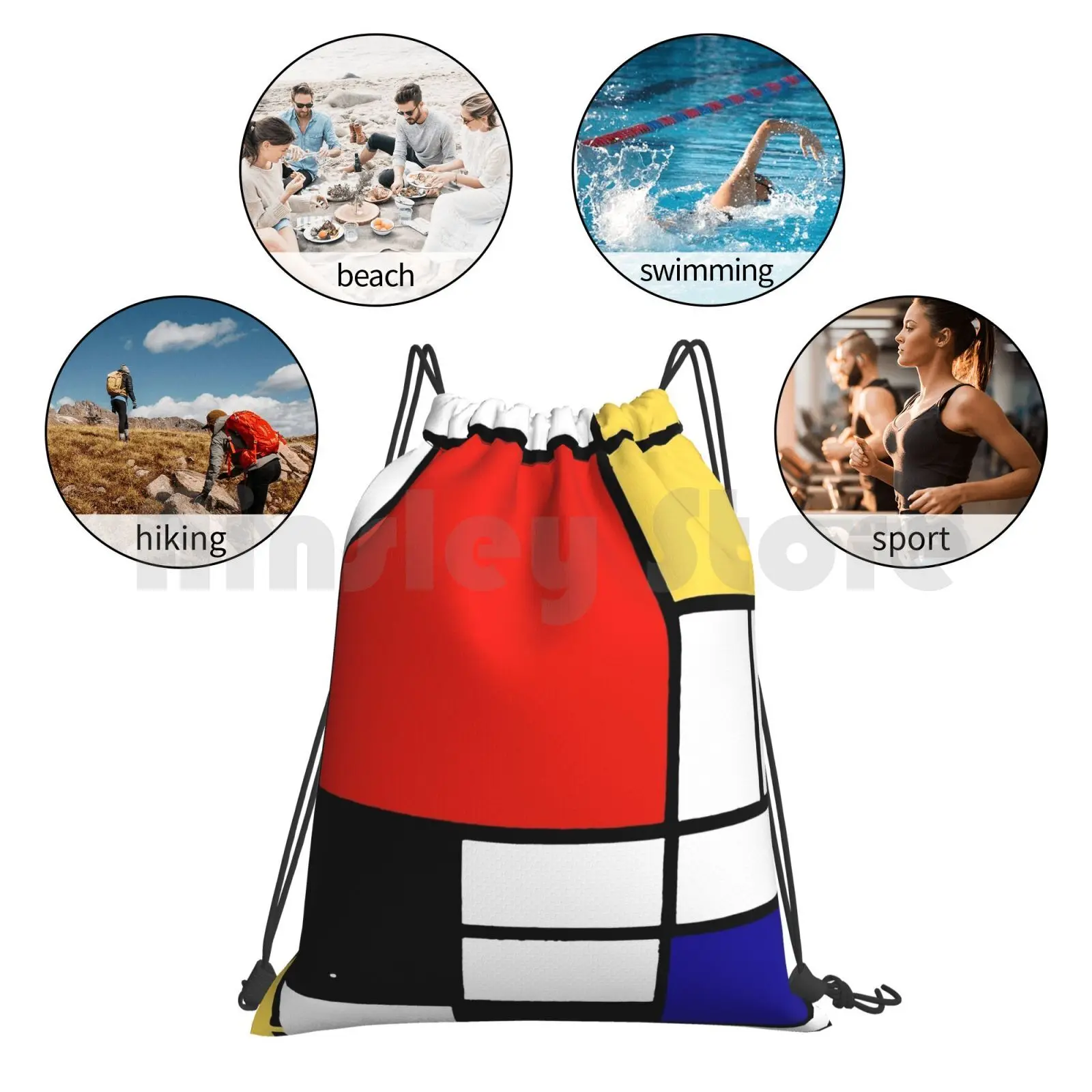 Mondrian Backpack Drawstring Bags Gym Bag Waterproof Mondrian Geometric Primary Colours Artistic Minimalist Colorful