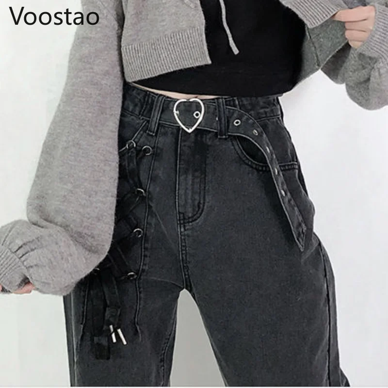 Sweet High Waist Jeans Women Chic Bandage Straight Denim Pants Gothic Streetwear Loose Trousers Female Wide Leg Jeans With Belt