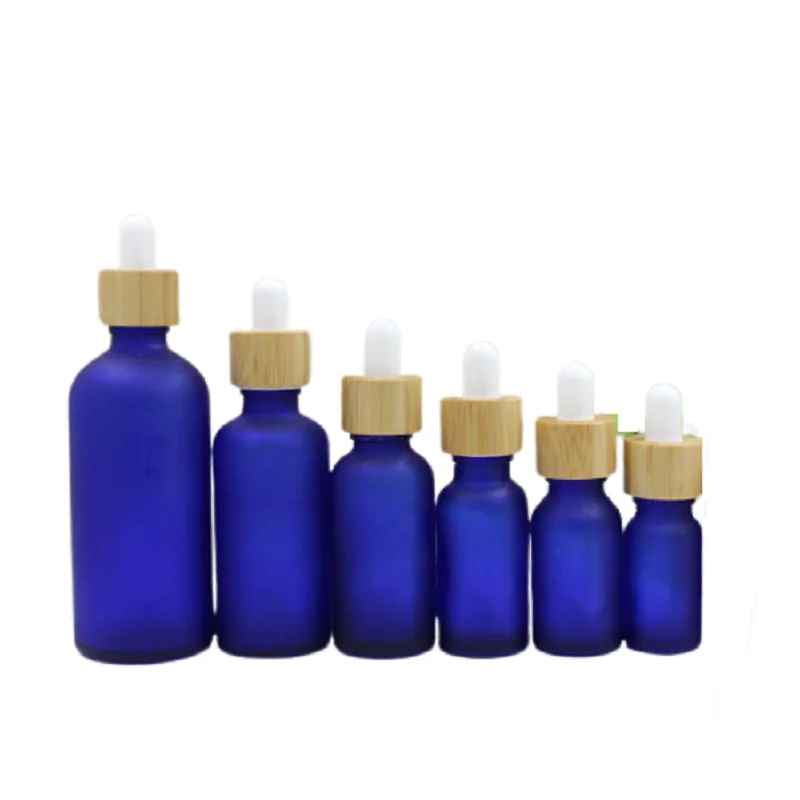 15Pcs Matte Frost Blue Glass Rubber Dropper Bottle 5ml 10ml 15ml 20ml 30ml 50ml 100ml Bamboo Wood Ring Empty Essential Oil Vials