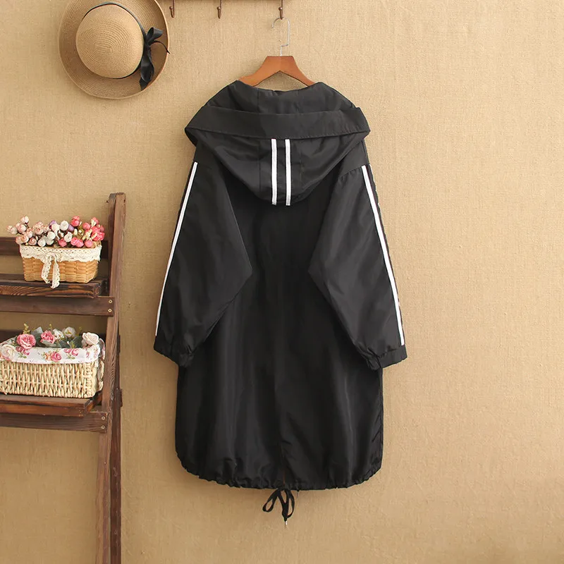 Plus Size Jacket For Women With White Stripes On The Side Medium-Length Casual Windbreaker Large Size Women Spring Autumn Coat