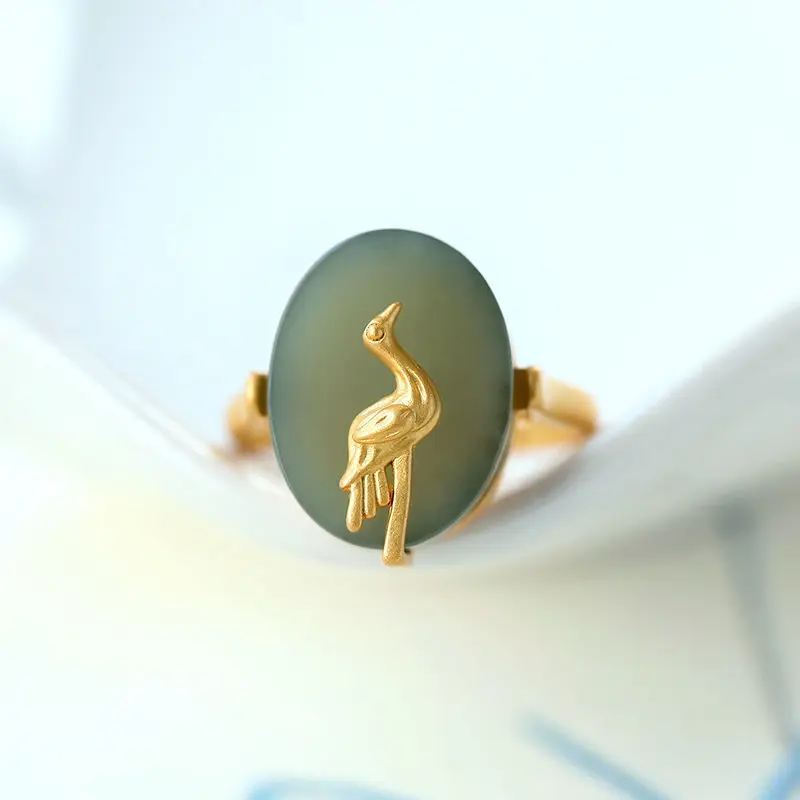 Designer original new silver inlaid natural Hetian jade cloud crane opening adjustable ring simple retro men and women jewelry