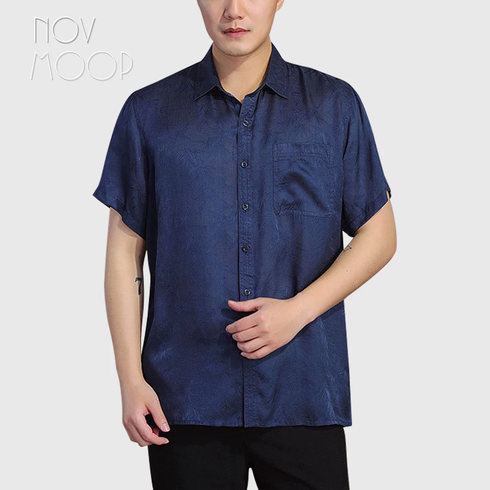 Novmoop pure natural silk men's top shirt trip style daily wear jacquard bamboo pattern Camisa de seda para hombre LT3472