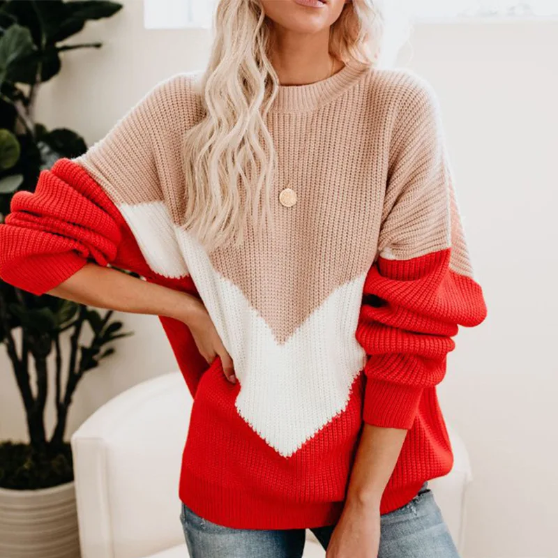 Women Loose Oversized Knitted Pullover Sweater 2020 New Autumn O-Neck Hit Color Block Striped Knitwear Jumper Female Clothing